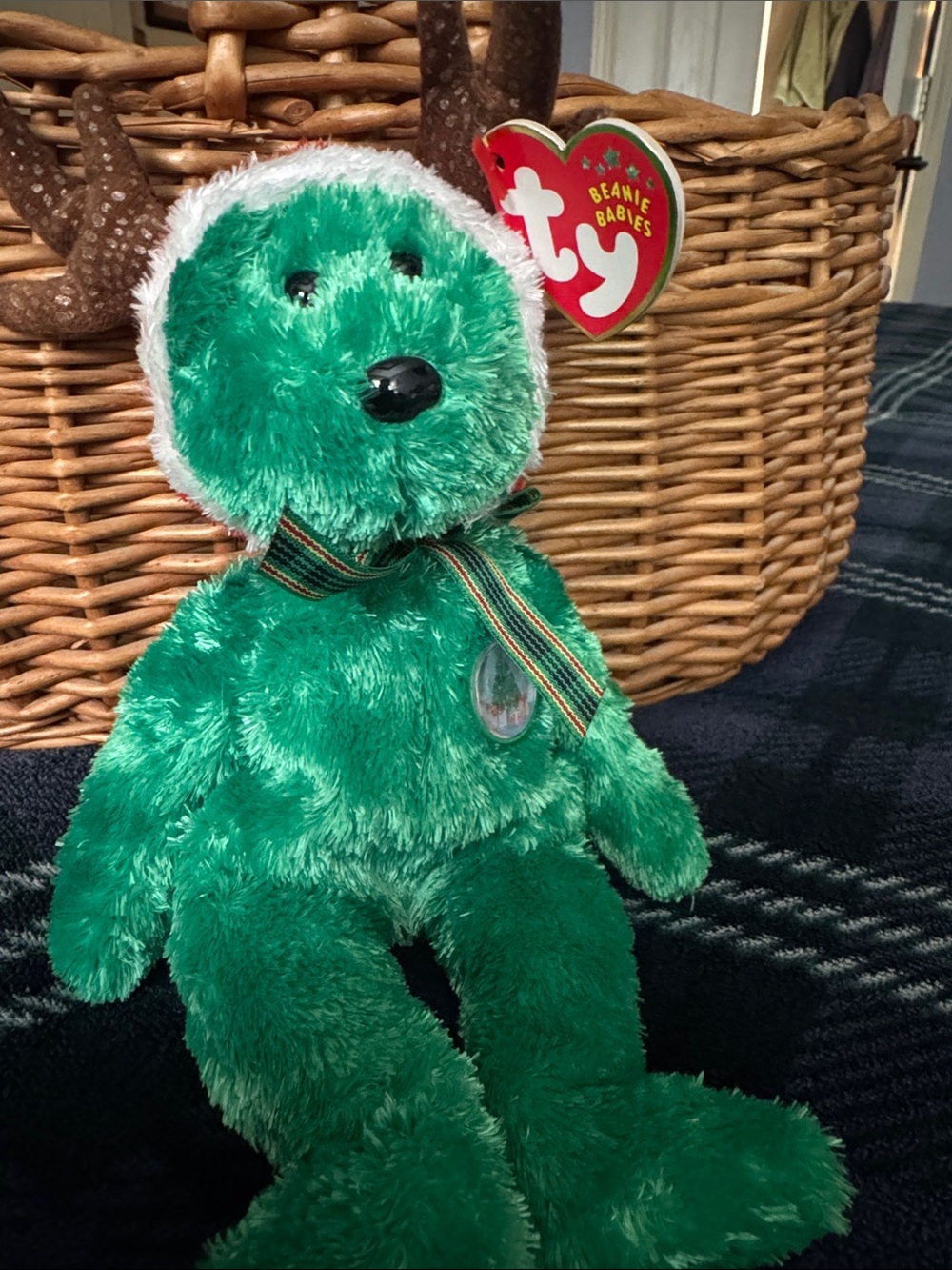 Ty Green Plush Reindeer Beanie Baby with Festive Scarf